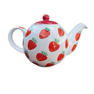 London Pottery White w/ Strawberries Cottagecore Farmhouse Teapot